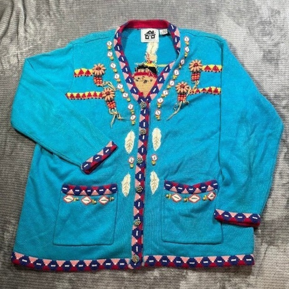 Storybook Knits Turquoise Southwestern Beaded Cardigan Sweater Womens 2X Vintage